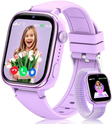RUXINGX Smartwatch Kinder GPS, Kinderuhr mit Telefon und SOS (Lila) | HD Videoanruf, Voice Chat, Schulmodus, Wecker, Schlafen, IP68 Wasserdicht, SMS, Schrittzähler, Geschenke für M