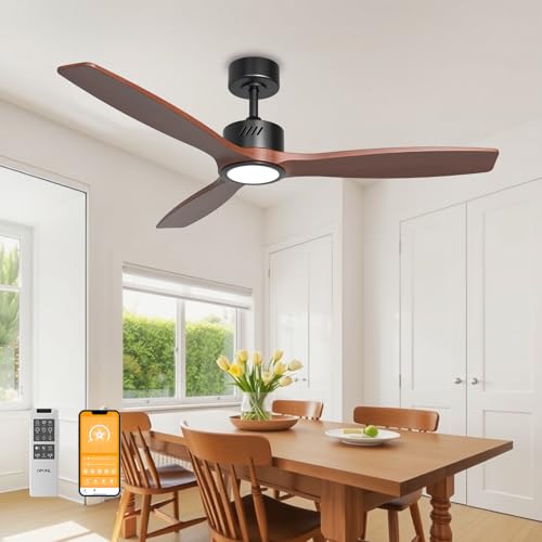 OPONL Natual Solid Wood Ceiling Fan with Light, 52 Inch outdoor ceiling fan for Patios, Downrod Mount, Noiseless, Reversible, 3 Blades Wood Fan for Farmhouse