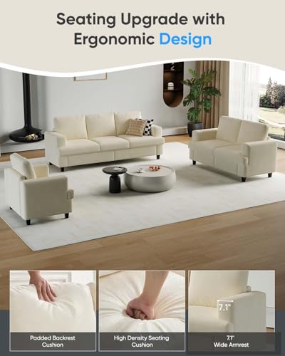 3 Piece Sofa Sets-3 Seater Sofa, Loveseat&Armchair,Chenille Fabric 3-Seat + 2-Seat Couch+ Single Accent Chair Furniture Sets for Living Room(3+2+1 Sofa Sets,Beige - Image 5