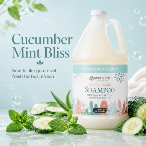 Image of Ginger Lily Farms Botanicals Shampoo, 128oz /4pk, Cucumber Mint Bliss | 100% Vegan & Cruelty-Free | Moisturizing Shampoo for All Hair Types | Refill Size