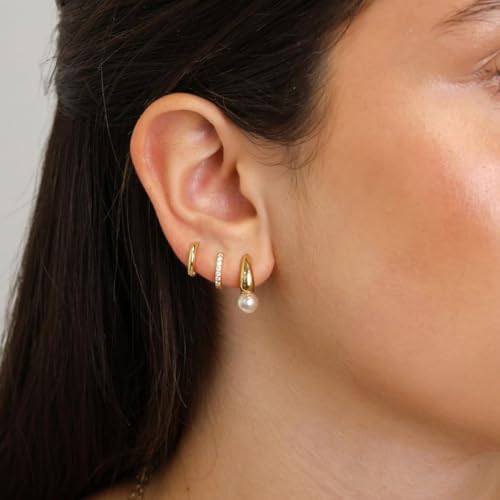 JUANKIKI 3 Pairs 14K Gold Hoop Earrings Pearl Chunky Huggie Earring for Women Stackable Jewelry Set Hypoallergenic and colorfast Suitable for all women to Wear - image 3