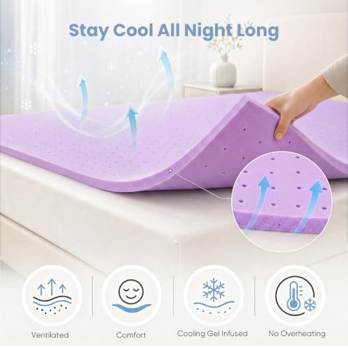 Image of DUMOS 2 Inch Cooling Memory Foam Mattress Topper Twin, Gel Ventilated Soft Pressure Relief Mattress Pad, Breathable Bed Topper for Bedroom, RV, Camper and Sleeper Sofa, CertiPUR-US Certified, Purple