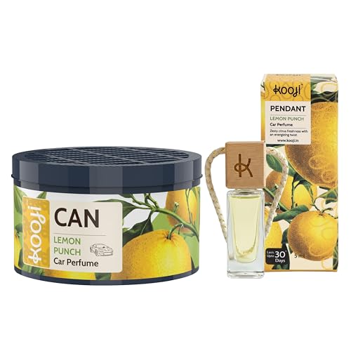 Image of Kooji Can Car Perfume + 5ml Car Hanging Perfume Pendant (Free) - Lemon Punch Scent - Long-Lasting, Alcohol-Free, Oud & Saffron Oriental Fragrance - For Car, Home, or Office Use - Lasts Up to 60 Days