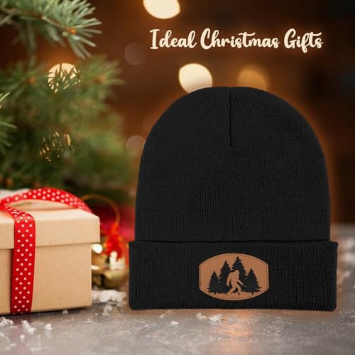 Image of Big Foot Beanie Hat, Sasquatch Leather Patch Winter Knit Skull Cap Bigfoot Gifts for Adult Men Women