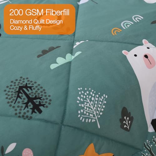 JSD Green Forest Animals Kids Comforter Set Twin Size, 2 Piece Woodland Printed Microfiber Bedding Set, Machine Washable
