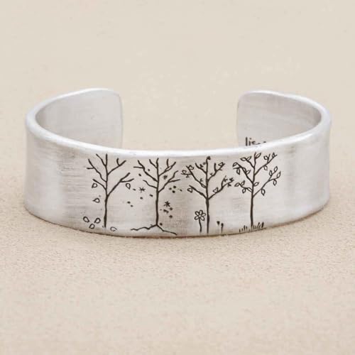 Pewter Cuff Engraved Bracelet with Heart, Flowers and Branches Handcrafted Nature Inspired Bangle Jewelry Gift for Women Mom Wife Gift2