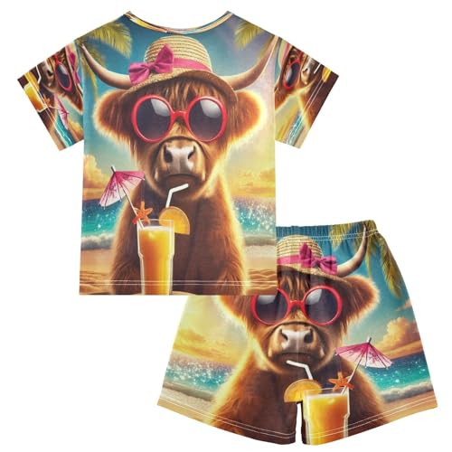 Highland Cow Summer Beach Pajama Set Short Sleeve Summer Pajamas Sleepwear Nightwear Set Cotton 5Y2