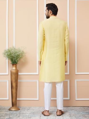 Image of See Designs Men's Long Sleeve Mandarin Collar Side Slit Cream Embroidered Chanderi Silk Straight Kurta with Pyjama