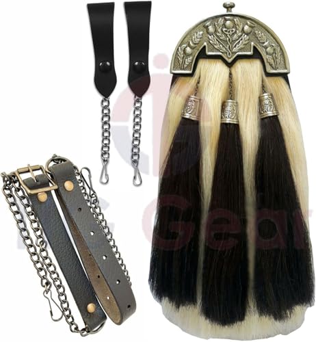 Scottish Kilt Original Long Horse Hair Dress Sporran with Unique Thistle Anemal Cantel & Three Black Hair Tassels, Large, Off-white