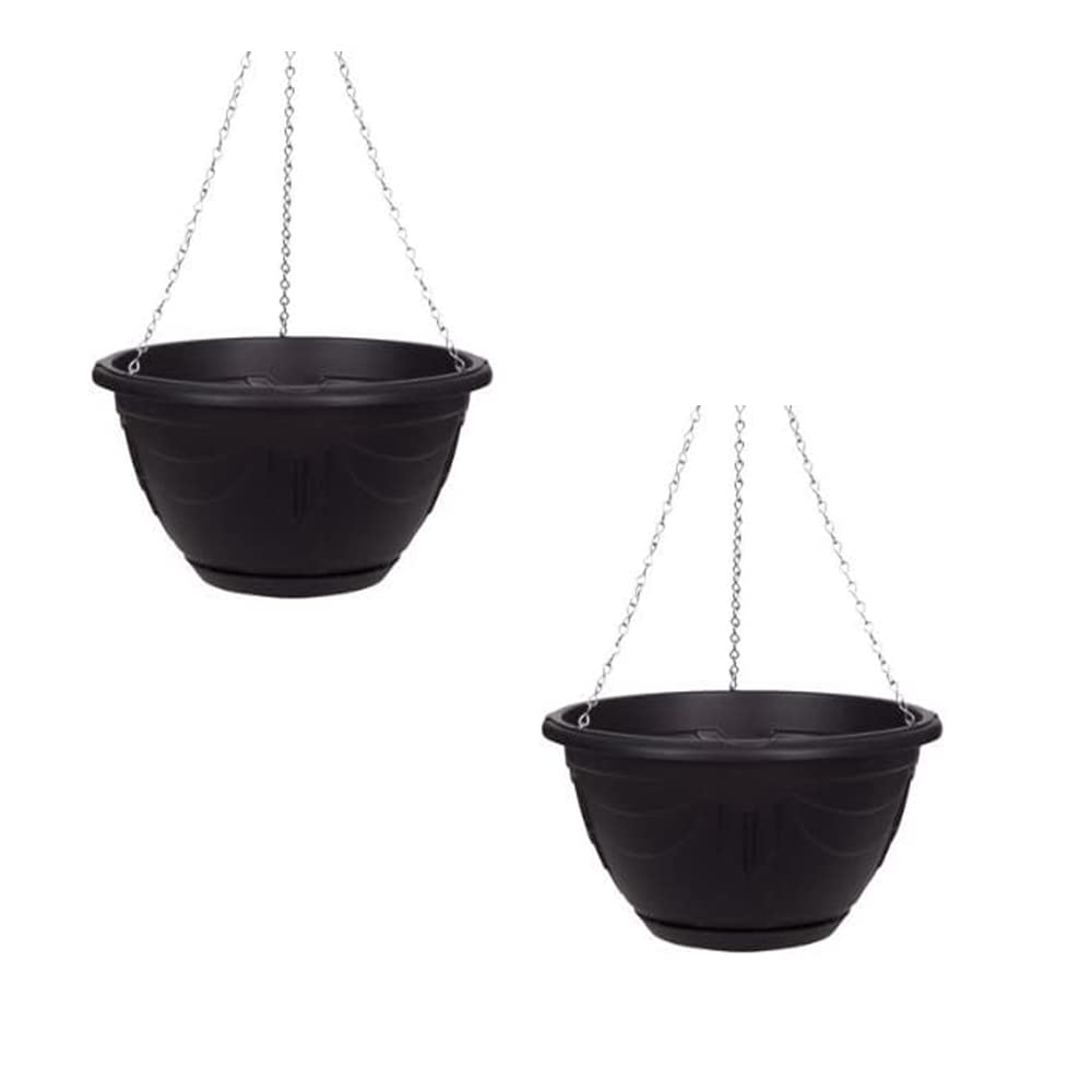 PHG Delicate Flower and Herb Plastic Hanging Basket | Large Garden Basket | Classic Plant Saucer | Wicker Hanging Basket | Easy Fill Hanging | Outdoor Planter | 32 cm (Pack of 2, Black)