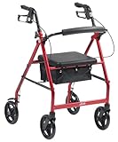 Drive Medical Red Aluminum Rollator Walker Fold Up and Removable Back Support, Padded Seat and Bag