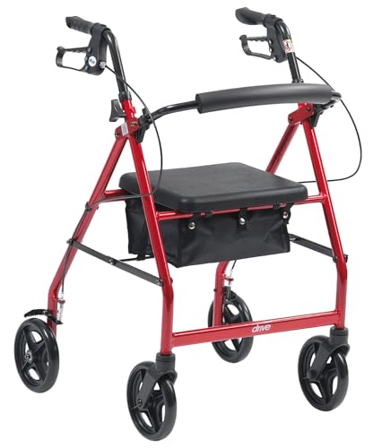Drive Medical Aluminum Rollator Fold Up and Removable Back Support, Padded Seat with 7.5-Inch Casters, Red