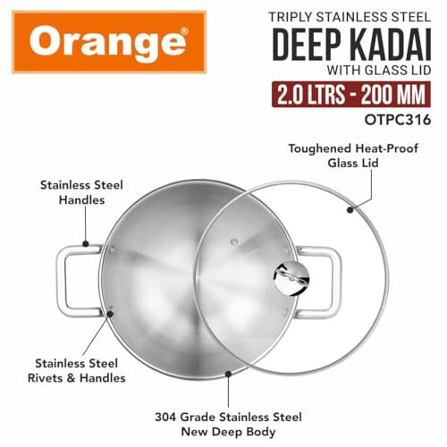Image of Orange Triply Stainless Steel Deep Kadai with Glass Lid 2.0 litres Capacity (20 cm Diameter) | 20 cm Heavy Bottom with Cool Touch Handle | Silver (Induction and Gas Stove Friendly) | 5 Year Warranty