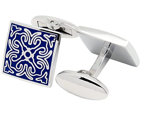 Mancuernillas cuadradas vintage con patrón azul para hombres miniatura 3