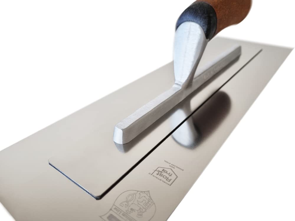 Premium Doppelblatt-Glättekelle, flexibles Edelstahl-Kellenblatt 0,4 mm Blattstärke, nachhaltiger Korkgriff, Abmessung: 360x125 mm