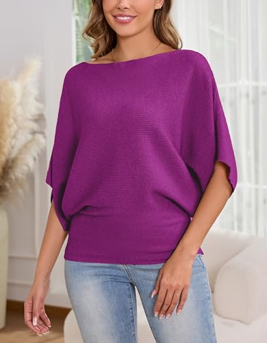 Image of MAKARTHY Womens Batwing Sleeves Knitted Dolman Pullovers Boat Neck Tops Sweatershirts