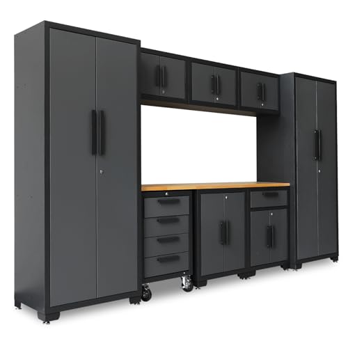 Image of Torin Garage Cabinets Storage System, 9-Pcs Workshop Cabinet Set in Black | Included Steel Drawers Rolling Chest,Locked Storage Cabinet, Perfect for Organizing Garage and Tools, Black /Grey