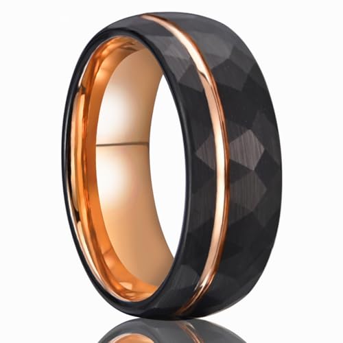 Tungsten Carbide Rings for Men Women 8mm Black Hammered Men's Engagement Wedding Bands Rose Gold Groove Matte Brushed Comfort Fit