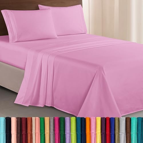 Image of Elegant Comfort Luxurious 1500 Premium Hotel Quality Microfiber Three Line Embroidered Softest 4-Piece Bed Sheet Set, Wrinkle and Fade Resistant, Queen, Light Pink