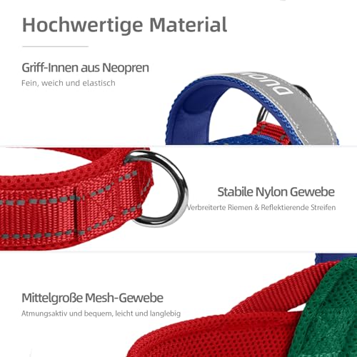 LiebeDD Hundegeschirr mit Leine für Mittelgroße Kleine Hunde Welpen, Bunt Farbblock Geschirr, Mesh Gepolstert Brustgeschirr Hund mit Griff und Brustring, Reflektierend & Leicht, RotBlau, S
