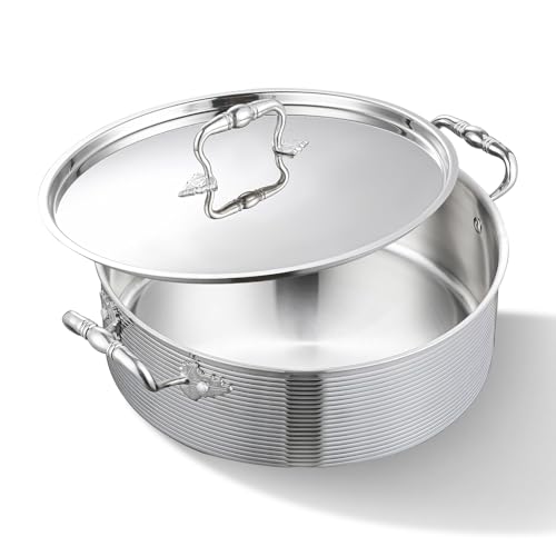 DELARLO Tri-Ply Stainless 8QT Braiser Pan With Steel Lid,Induction Saute pan Cooking Pot,Jumbo Cooker Deep Frying Pan 13 Inch,Dishwasher and Oven Safe,Compatible With All Cooktops Up to 650℉