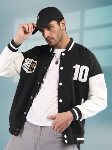 CHKOKKO Men’s Oversized Varsity Jacket with Snap Button Closure and Patch Design Trendy Comfortable Outerwear for College Travel and Casual Wear