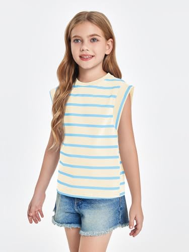 Image of Haloumoning Girls Cap Sleeve T Shirts Summer Striped Tank Tops Tees 4-14 Years