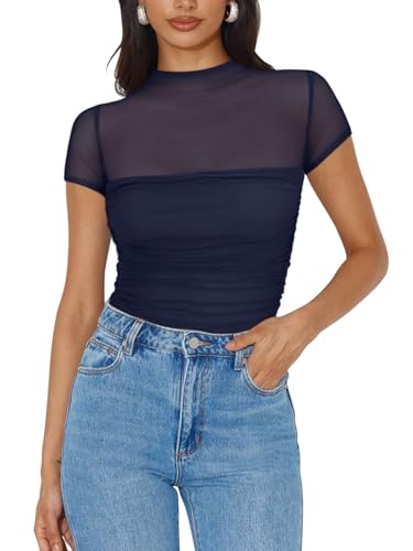 Image of REORIA Women's Sexy Mock Turtle Neck Short Sleeve Shirts Sheer Mesh Ruched Trendy Going Out Bodysuits Tops