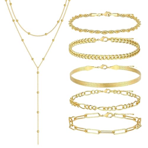 FENQURO 6 Pcs Chaîne longue en Y pour femmes-Collier multi-rangs en acier inoxydable, Bracelet, Bijoux pour femmes, Chaîne longue élégante pour femmes, Ensemble de chaînes, Bijoux simples