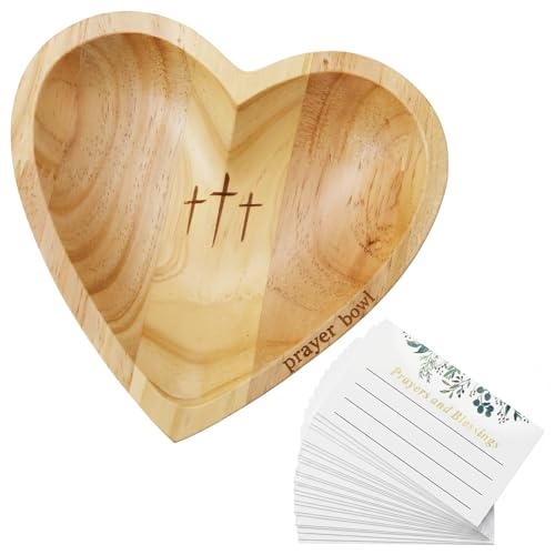 Hiceeden Wooden Prayer Bowl with 24 Blessing Cards, Heart Shaped Religious Dough Bowl...