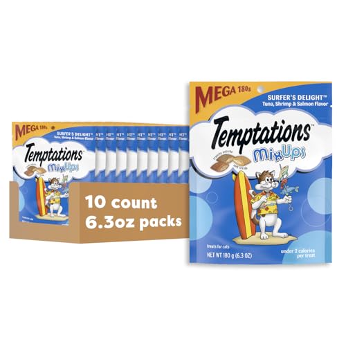 Image of Temptations MixUps Crunchy Cat Treats, Surfer's Delight, 6.3 oz, 10 Pack | Tuna, Shrimp & Salmon flavors, under 2 calories per treat, resealable value-sized pouch, crunchy outside soft inside