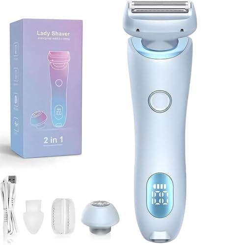 Bikini Trimmer Women, 2 in 1 Electric Razor for Women Wet & Dry, Removable Head for Bikini Area Legs Arm Underarm (Blue)
