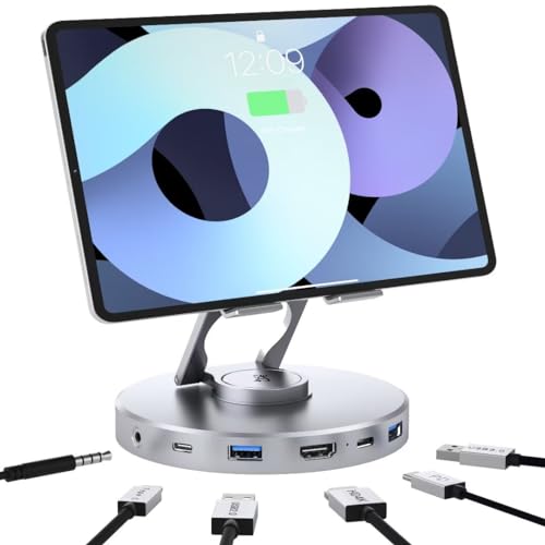 Docking Station 6 in 1 Handheld Dock Station USB C Hub with 4K@60Hz HDMI,100W PD,3.5mm Audio Jack,USB A,USB C Rotatable Folding Type-C Tablet Stand Holder for iPad,Steam Deck,ROG Ally,Phone