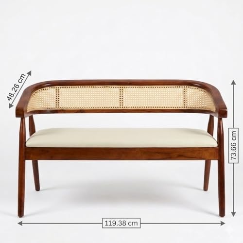 Image of Solid Acacia Wood 2 Seater Bench with Cushioned Rexine Seat | Anti-Termite Wooden Sofa Bench for Living Room, Bedroom & Entryway | Modern Cane Backrest Design (47 x 19 x 29 Inch)