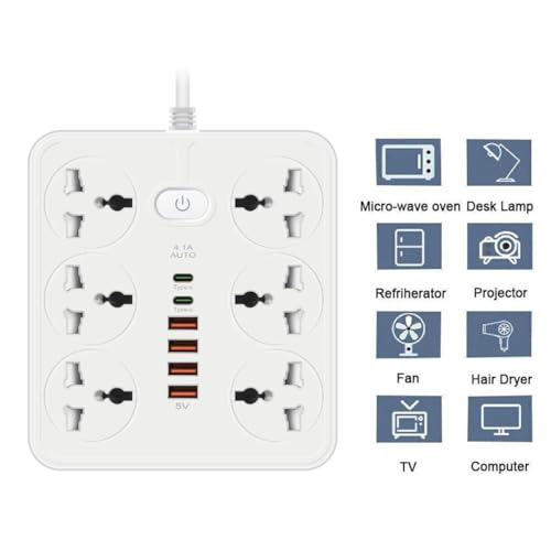 Image of Extension Board, Power Strip with 6 USB Ports and 3 Universal Socket, 2500W 10A Extension Cord, 3-Pin Surge Protector Power Strip for Home, Office, Computer, Mobile Charging (White-Z67)