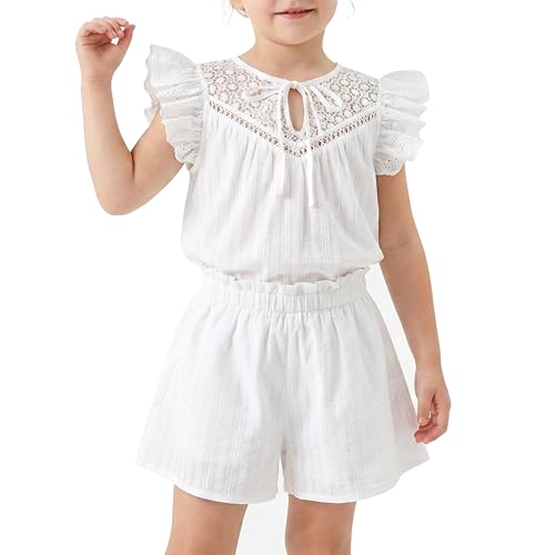 Image of Girls 2 Piece Summer Outfit Cotton Ruffle Sleeve Top Gingham Plaid Shorts Casual Clothes Short Sets Size 5-10