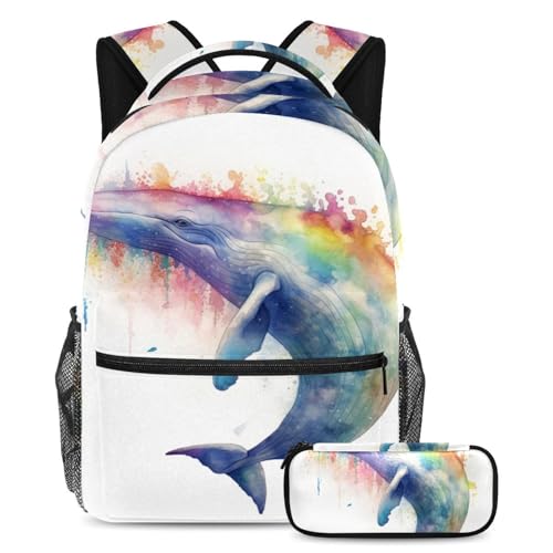 Grand cartable scolaire baleine colorée et trousse ado fille garçon pour voyage