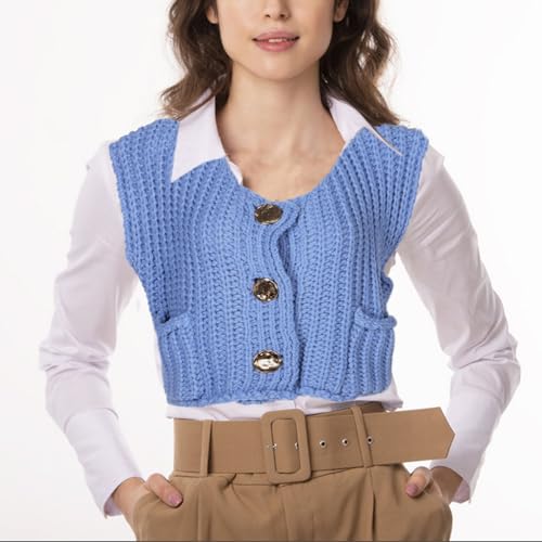 Chaleco corto de punto azul para mujer: confección clásica con botones 6