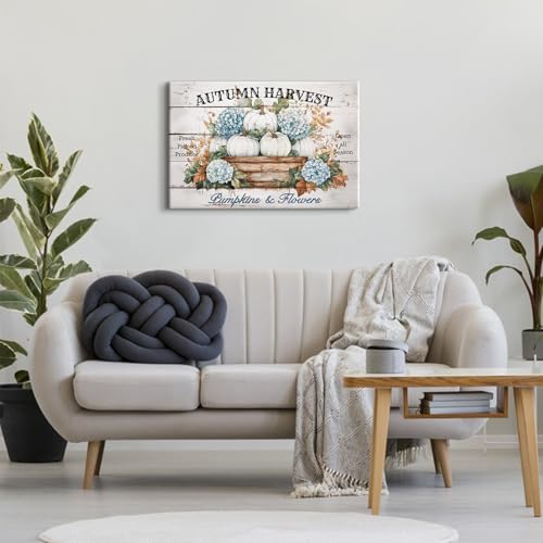Image of Blue White Pumpkin Flower Wall Art for Living Room Fall Decorations Farmhouse Rustic Floral Picture Canvas Prints Paintings Hydrangea Poster Autumn Harvest Artwork Bedroom Thanksgiving Decor 16x24 inch