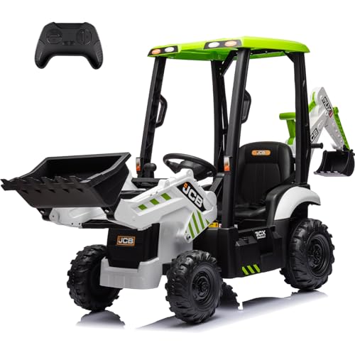 Sesslife JCB Ride on Excavator, Kids Ride on Car with Remote Control, Electric Vehicle with Front & Back Loader for Kids Aged 3-8 Years, Soft Start Function, Three Types of Transformable, White