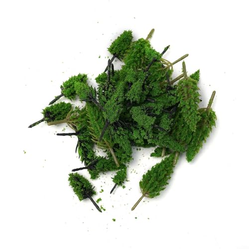 50 st miniatyrplastträd för OO-skalans modelljärnvägar, krigsspelslandskap och landskapslayouter – realistiskt grönt dekorativt lövverk för tågspår (B)