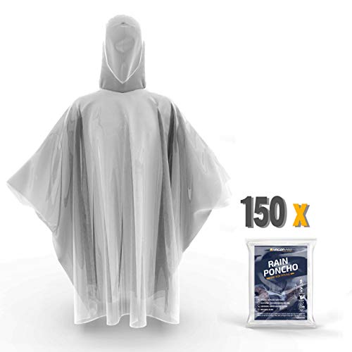 Hagon PRO Disposable Rain Ponchos for Adults (150 Pack) Premium Quality 50% Thicker â€“ 100% Waterproof Emergency Rain Ponchos with Hood â€“ for Concerts, Amusement Parks, Camping (Clear 150 Pack)