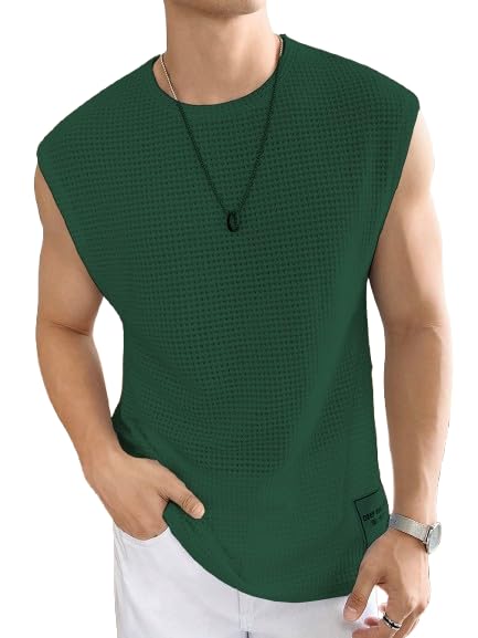 Image of NETCLICK Mens Waffle Tank Tops Sleeveless Round Neck Polycotton Vest, Sando & T-Shirt for Gym, Running and Outdoor