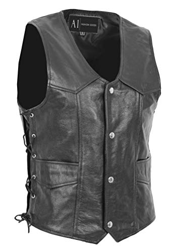 Gilet de motard noir en cuir véritable Capone taille S avec lacets