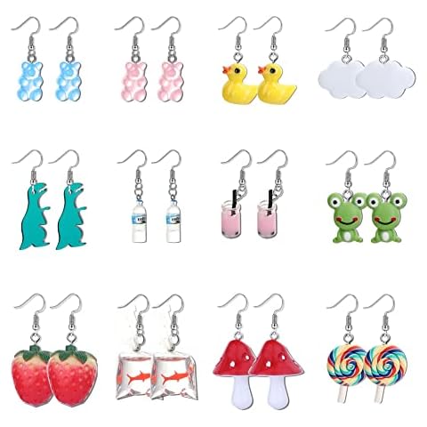 KALVICA 12/18 Pairs Weird Funny Earrings for Women Teens Stainless Steel Ear Hook Resin Drop Earrings Gummy Bear Goldfish Mushroom Dinosaur Frog Lemon Strawberry Cute Aesthetic Drop Dangle Earring Set Cover