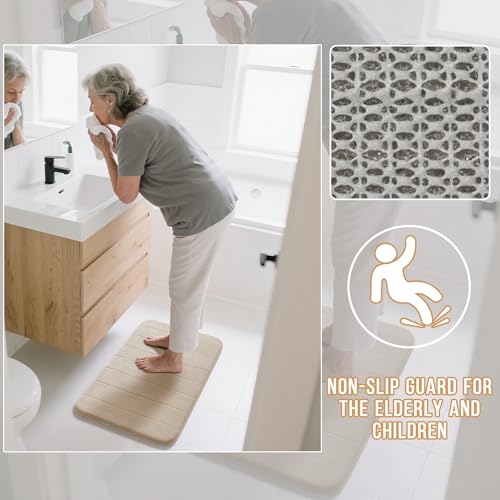 Yimobra Memory Foam Bath Mat, Super Soft Absorbent Bathroom Rug Non Slip, Quick Dry, Machine Washable Floor Carpet for Tub Shower, Home Decor Accessories, 24x17, Beige