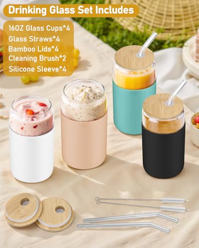 Image of sungwoo Glass Cups with Lids and Straws, 4 Pack 16OZ Iced Coffee Cups with Silicone Sleeve, Glass Tumbler with Straw and Bamboo Lid, Home Essential Drinking Set for Juice, Cocktail and Latte 4 Colors