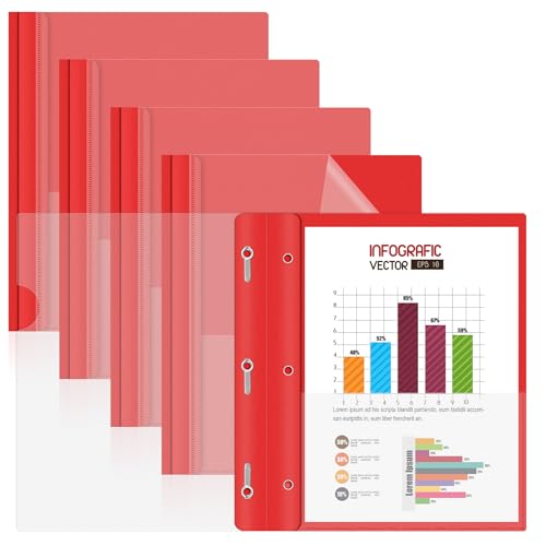 Image of HAUTOCO 5 Pack Plastic Report Covers with 3-Prong Fasteners Clear Front Presentation Folders Resume Folders for 8.5x11 Letter Size Paper, Document Report Cover for School Office Business, Red