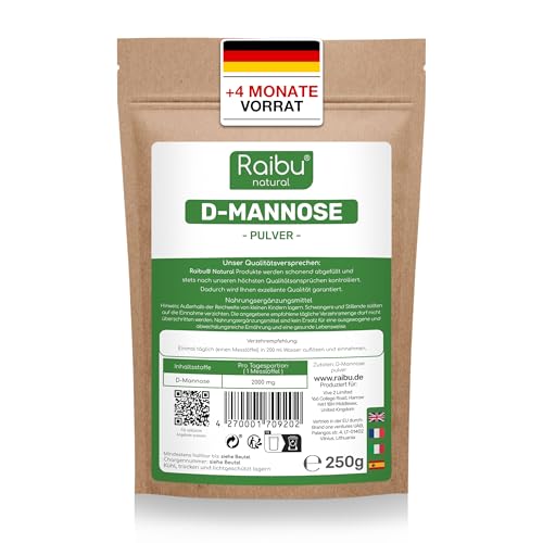 D-Mannose Pulver 250g - D Mannose Pulver in Deutschland abgefüllt & laborgeprüft, 125 Tage Versorgung- Natürlich, Vegan - Extra Dosierlöffel - RAIBU
