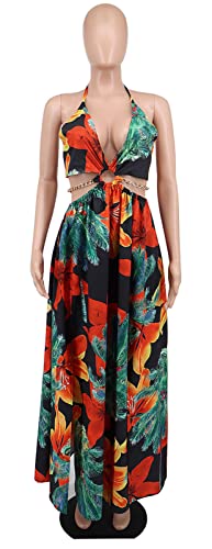 Image of Qikaka Women's Sleeveless Deep V Neck Floral Printed Metal Chain Bodycon Sexy Nightclub Party Boho Dress